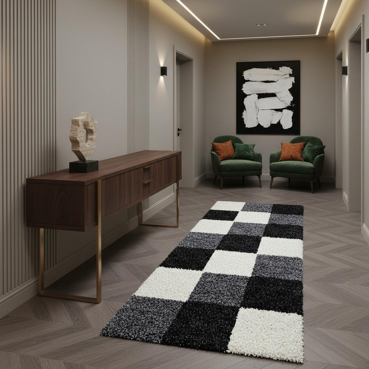 HOCHFLORTEPPICH RHEIN, kariert, Schwarz, 80 x 250 cm - Schwarz, Textil (250/80cm) - KADIMA DESIGN