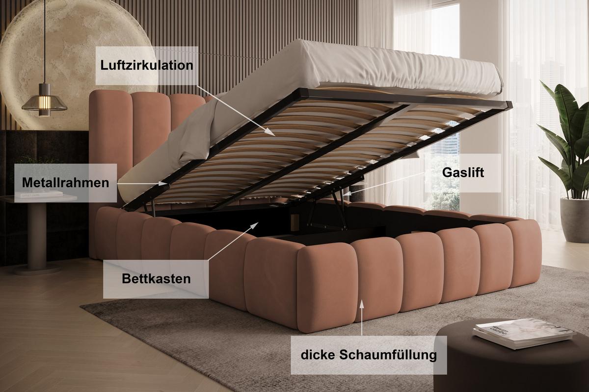 POLSTERBETT Vilo 180x200 mit Bettkasten und Stabilem Metallgestell - Rosa, Textil (180/200cm) - Storez24