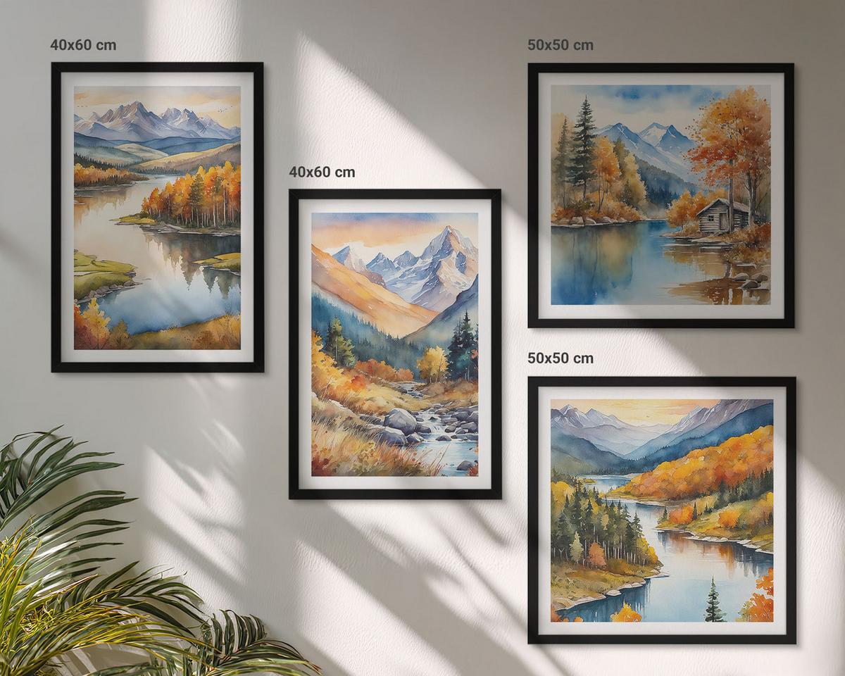 BILDER SET 4er Set - 50x50 cm & 40x60 cm Schwarzer Rahmen - Bergblick, Fluss, Herbst - Schwarz, Kunststoff (50/50cm) - TULUP