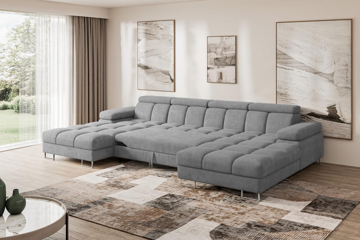 WOHNLANDSCHAFT mit Schlaffunktion und Bettkasten COMA U2 345x203x79 Grau Velours - Grau, Holzwerkstoff/Textil (345/79/203cm) - ALTDECOR