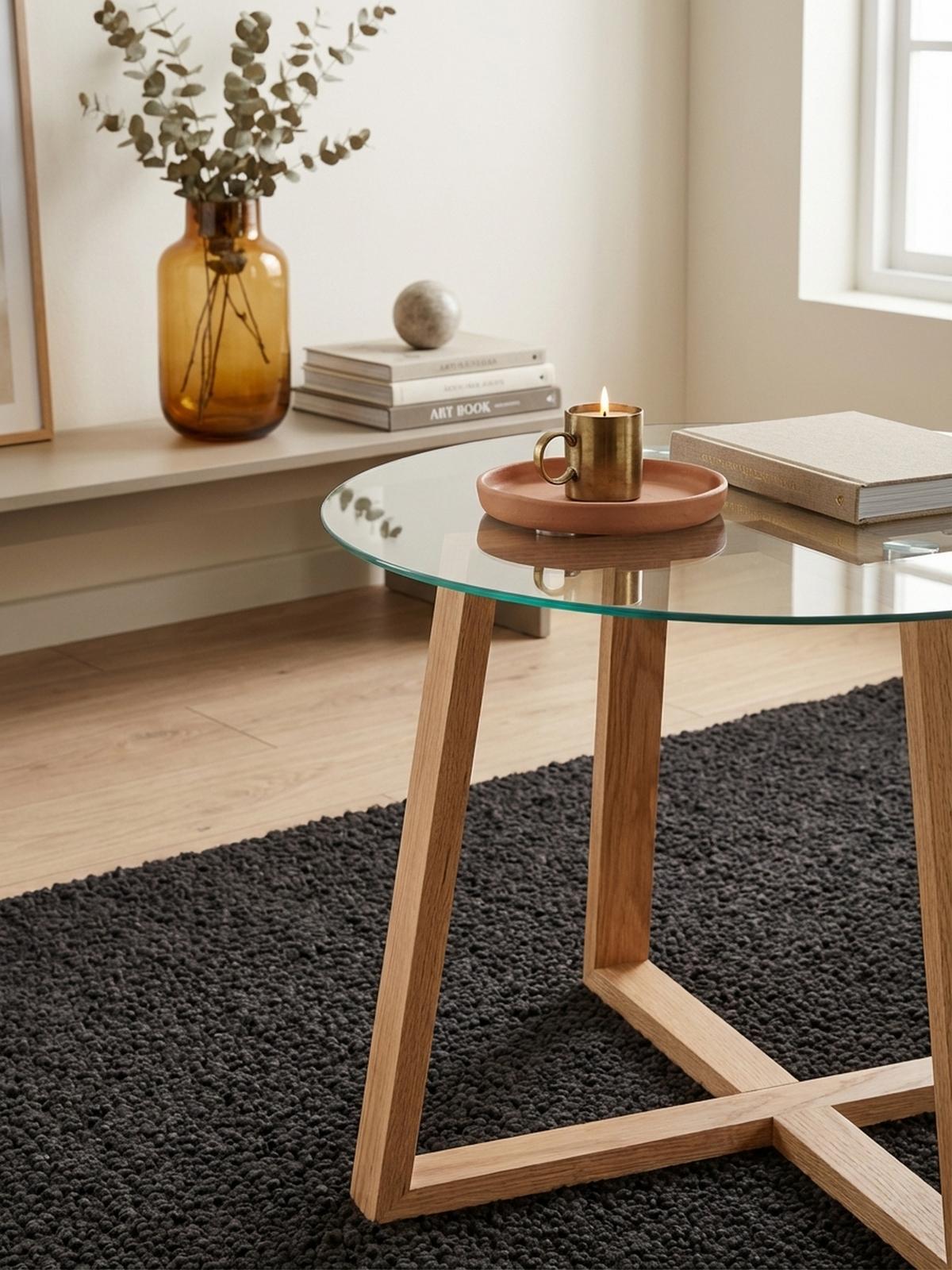 COUCHTISCH Eiche massiv mit Glasplatte, modernes Design, überkreuztes Gestell - Braun, Glas/Eichenholz (58/58/47cm) - KADIMA DESIGN