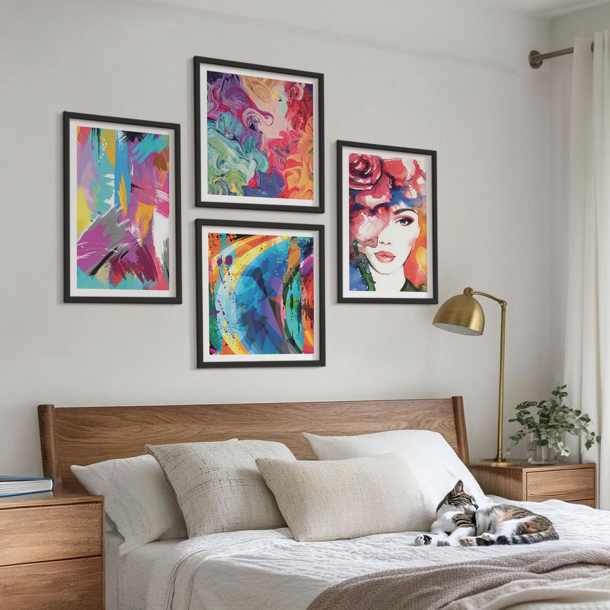 BILDER SET 4er Set - 50x50 cm & 40x60 cm Schwarzer Rahmen - Farbenfrohes abstraktes Porträt - Schwarz, Kunststoff (50/50cm) - TULUP
