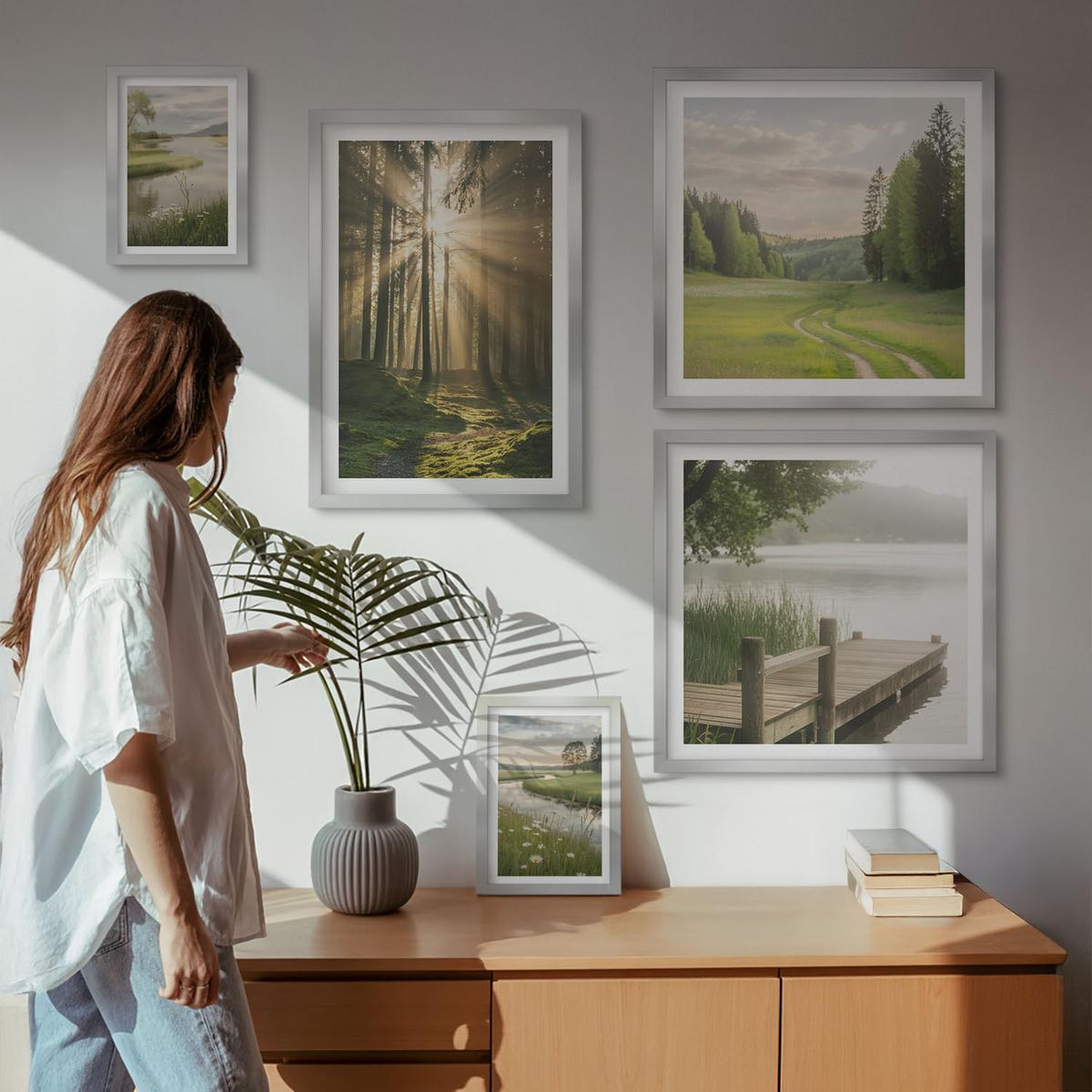 BILDER SET 5er Set - 50x50 cm & 20x30 cm & 40x60 cm Silberner Rahmen - Frühlingslandschaft Flusswiese - Silberfarben, Kunststoff (40/60cm) - TULUP