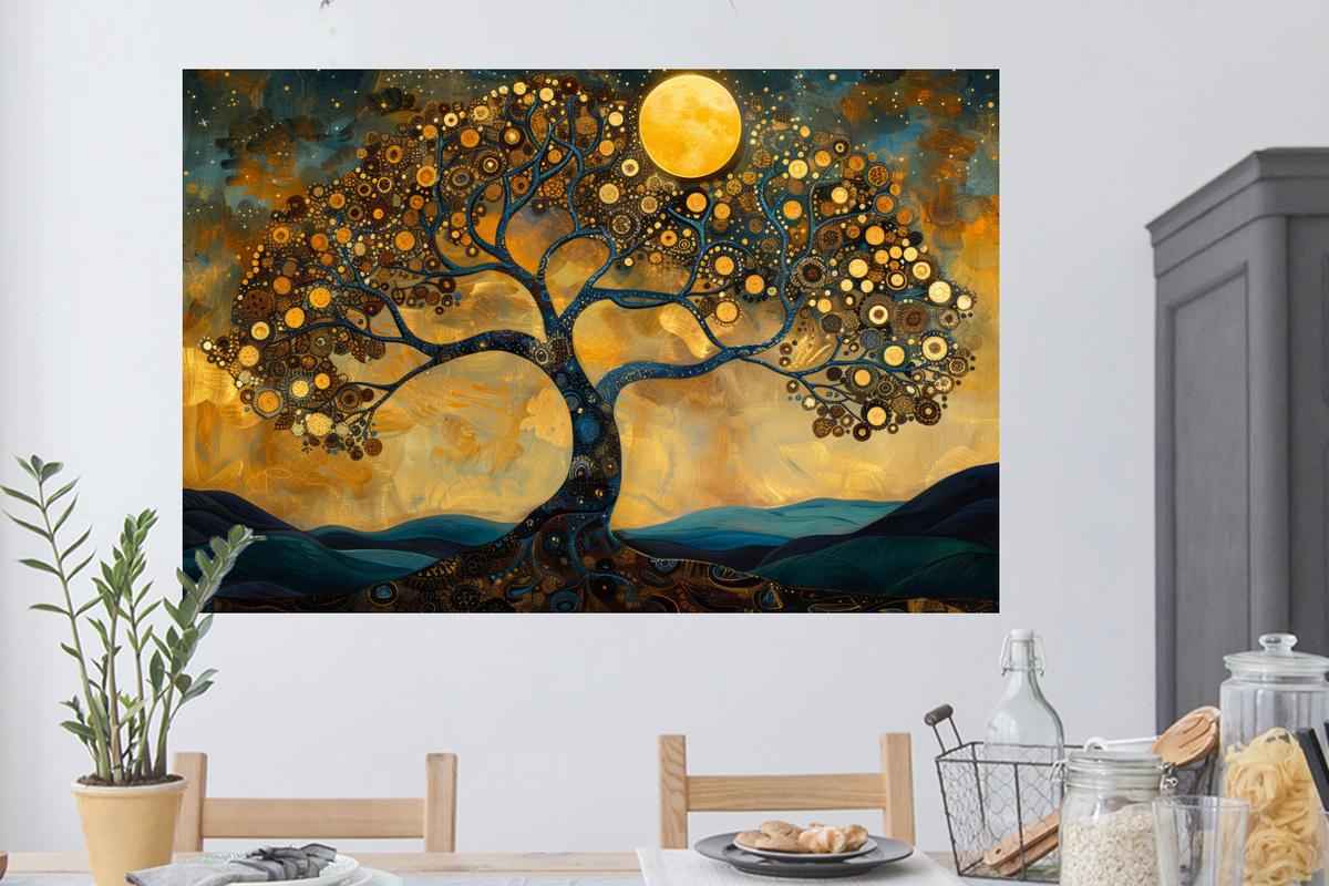 WANDTATTOO Baum - Mond - Blumen - Gold - Kunst Wandsticker 120x80 cm - Orange, Kunststoff (120/80/0.1cm) - MuchoWow