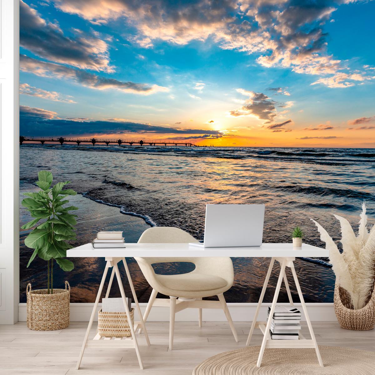 FOTOTAPETE für Wohnzimmer Sonnenuntergang Pier Romantik Meer 100x70 - Blau/Gelb, Papier (100/70cm) - Muralo