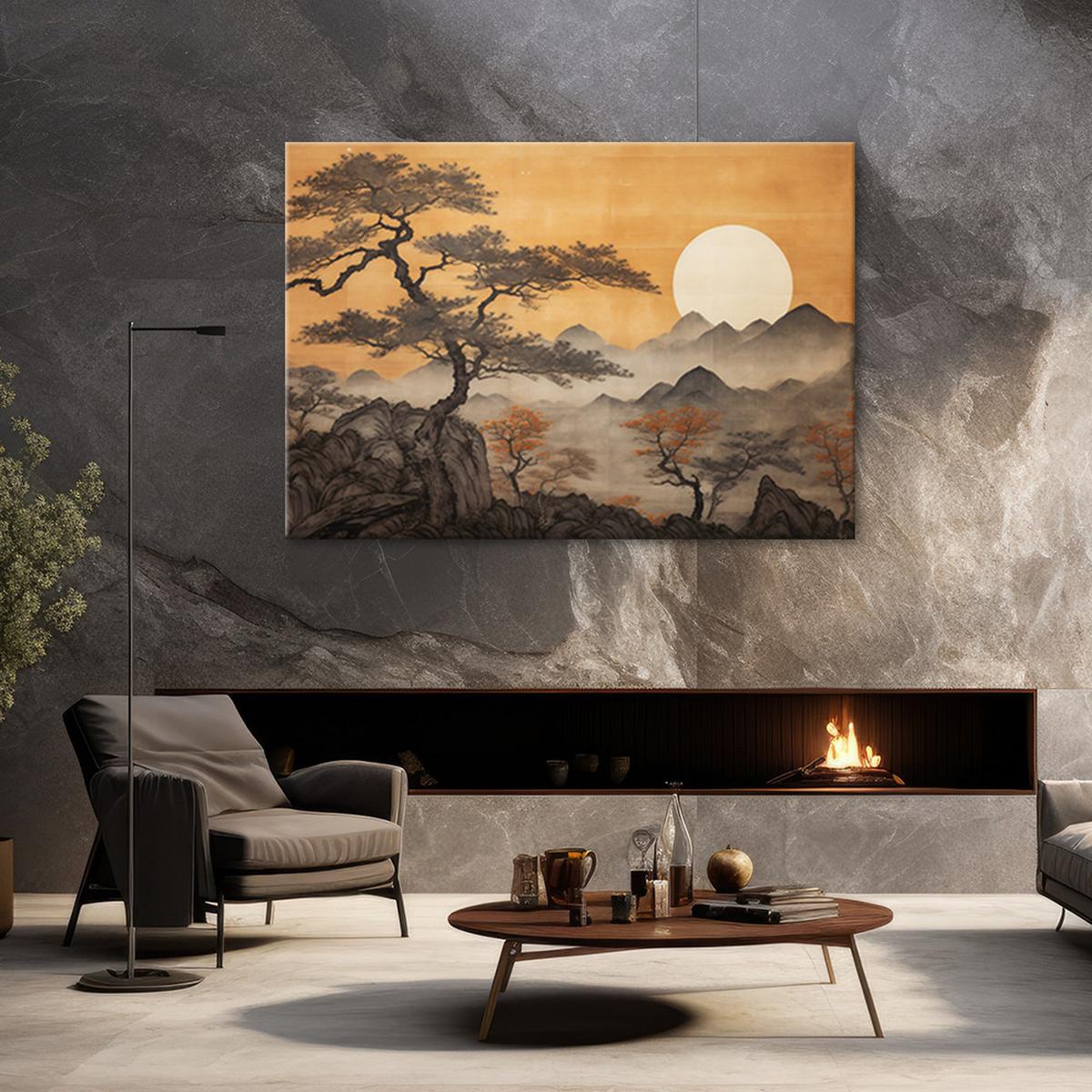 WANDBILD bäume berglandschaft - Gelb, Textil (60/40cm) - Feeby