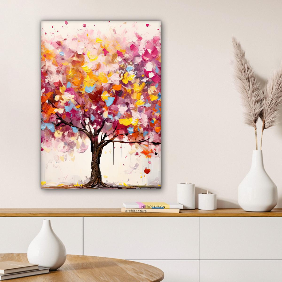 LEINWANDBILD Aquarell - Baum - Kunst - Abstrakt Wandbild Wohnzimmer 60x80 cm - Rosa, Textil (60/80cm) - MuchoWow