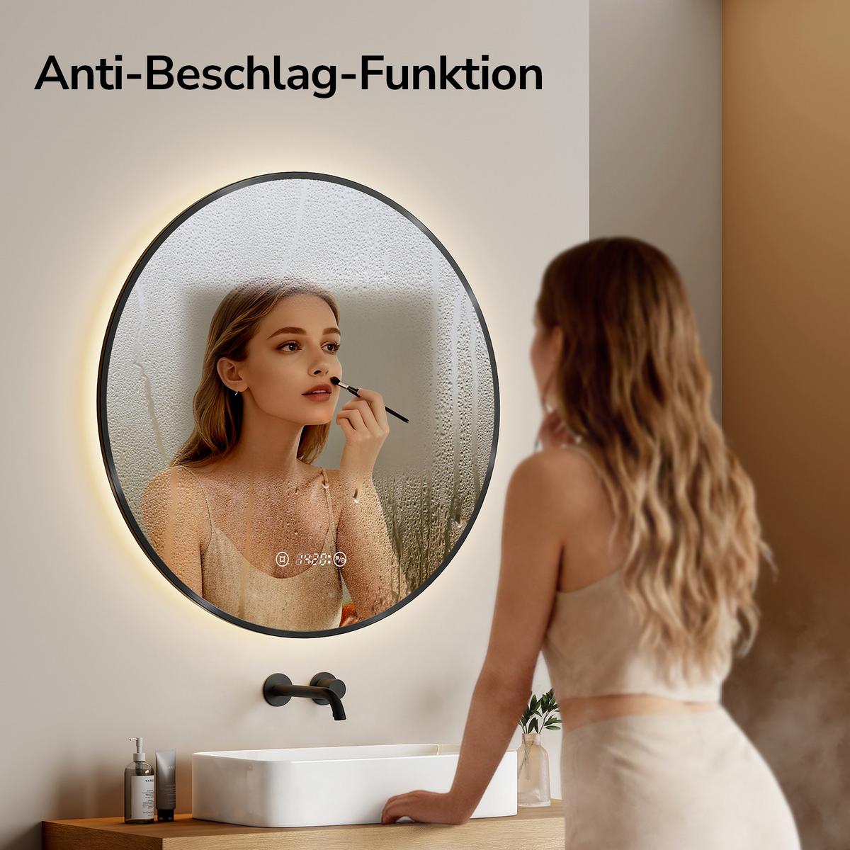 BADSPIEGEL mit LED-Beleuchtung Anti-Beschlag Zeitanzeige Schwarz Ø 70 cm - Schwarz, Glas (70/70/3cm) - EMKE