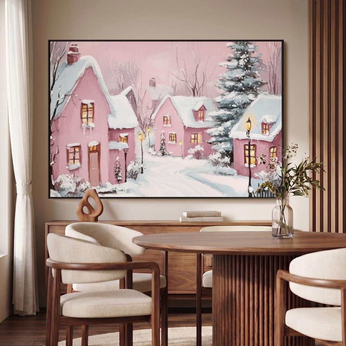LEINWAND Bilder mit Rahmen - Weihnachtsdorf - Rosa - Winter - Schnee - Häuser - 150x100 - Altrosa, Textil (150/100cm) - MuchoWow