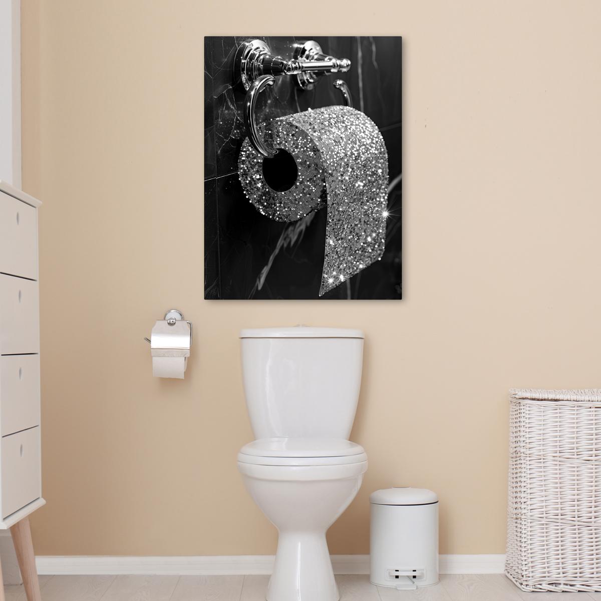 LEINWANDBILD WC - Toilettenpapier - Schwarz und weiß - Glitter Wandbild Wohnzimmer 50x70 cm - Silberfarben, Textil (50/70cm) - MuchoWow