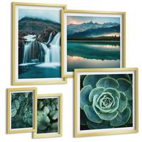 BILDER SET 5er Set - 50x50 cm & 20x30 cm & 40x60 cm Goldrahmen - Sukkulenten in Grün und Türkis - Goldfarben, Kunststoff (40/60cm) - TULUP