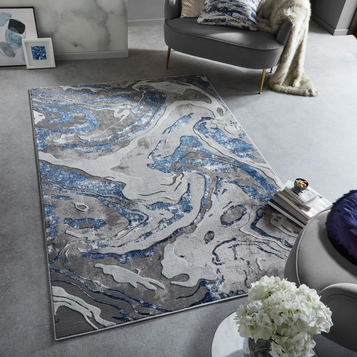 TEPPICH OUSE, abstrakt, Blau-Grau, 80 x 150 cm - Blau, Textil (80/150cm) - KADIMA DESIGN