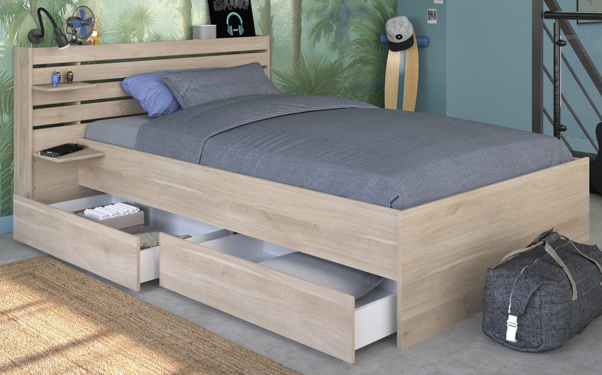 STAURAUMBETT Eiche japanisch, Bett Liegefläche 120 x 200 cm - Eichefarben, Holzwerkstoff/Metall (120/200cm) - Parisot Meuble