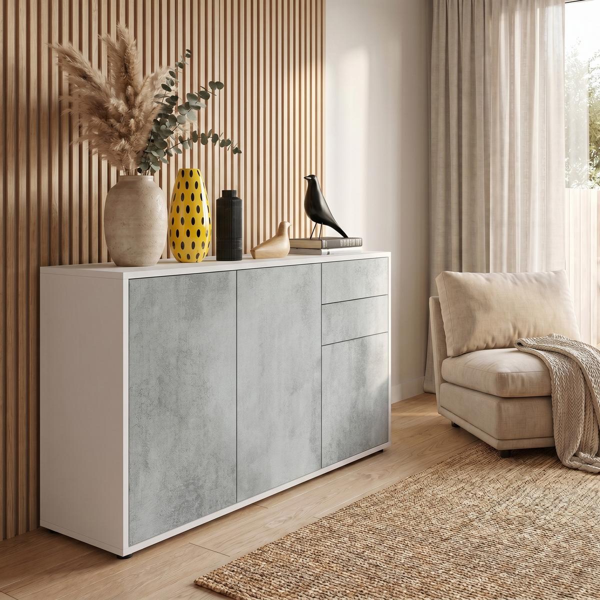 KOMMODE Ben Front in Beton Oxid Optik - Hellgrau, Holzwerkstoff (117/74/36cm) - Vladon