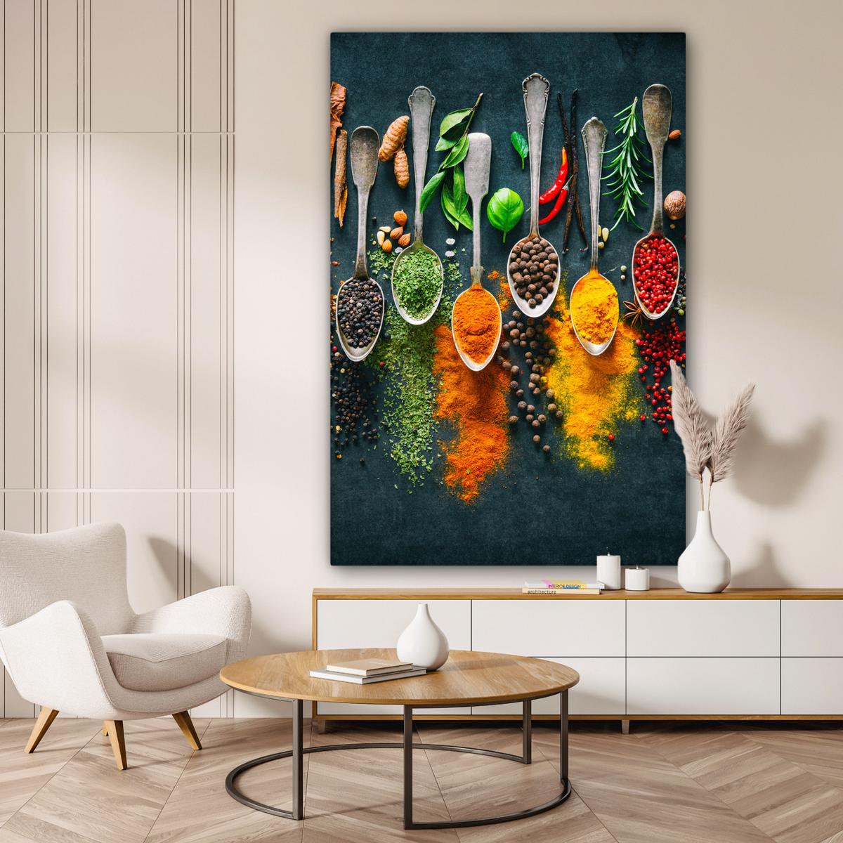 LEINWANDBILD Kräuter - Gewürze - Löffel Deko Groß 90x140 cm - Currygelb, Textil (90/140cm) - MuchoWow