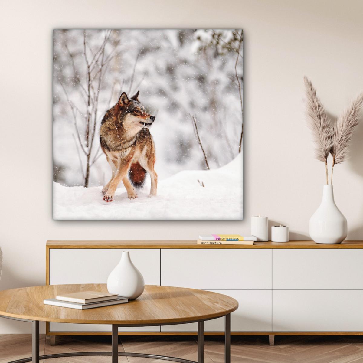 LEINWANDBILD Wolf - Winter - Schnee - Natur - Tiere Deko Groß 90x90 cm - Haselnussfarben, Textil (90/90cm) - MuchoWow