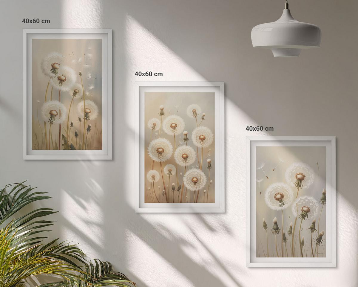 BILDER SET 3er Set - 40x60 cm Weißer Rahmen - Weiße Löwenzahnblüten auf hellem Hintergrund - Weiß, Kunststoff (40/60cm) - TULUP