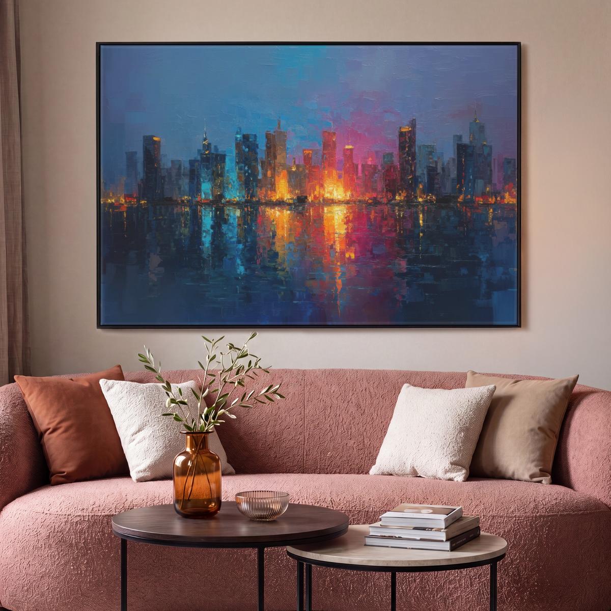 LEINWAND Bilder mit Rahmen - Skyline - Pinselstriche - Dunkelblau - Leuchtend - 140x90 - Blau, Textil (140/90cm) - MuchoWow