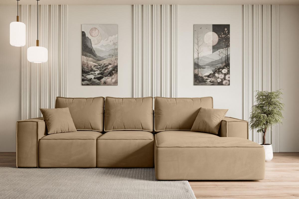 ECKSOFA mit Schlaffunktion und Bettkasten SERRA-L-S - 266x161x87 cm Beige Velours - Beige/Schwarz, Holzwerkstoff/Kunststoff (266/161cm) - ALTDECOR