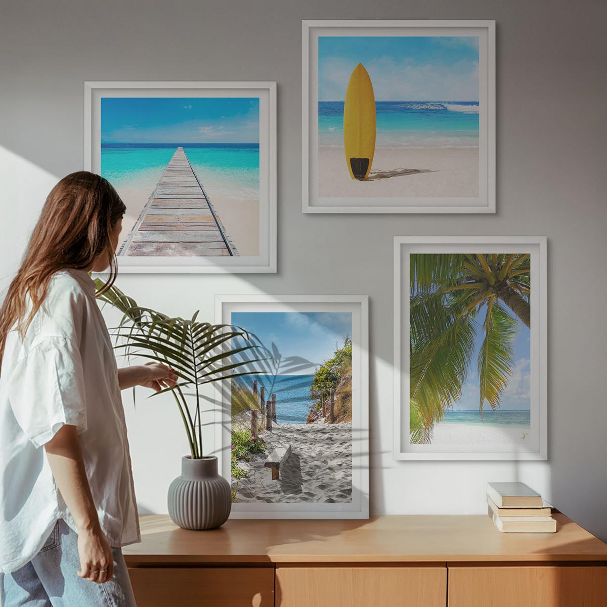 BILDER SET 4er Set - 50x50 cm & 40x60 cm Weißer Rahmen - Urlaubsblick Strand Palmen - Weiß, Kunststoff (50/50cm) - TULUP