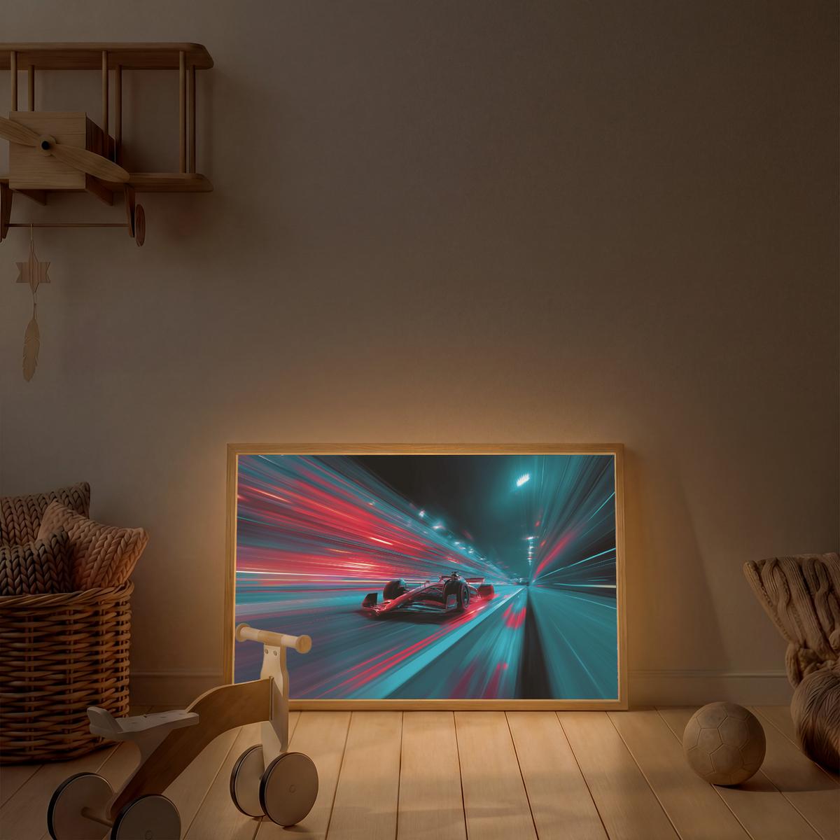 WANDLEUCHTE MIT AKKU Rennwagen - Rot - Geschwindigkeit 100x70 cm - Türkis, Holzwerkstoff (100/70/8cm) - OnlyWow