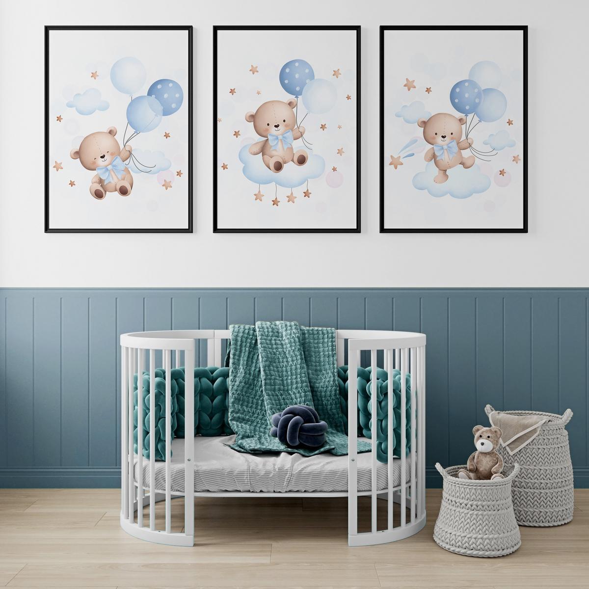 POSTER SET für Kinderzimmer Teddybären blauen Ballons Wolken Sterne 3x Poster A3 30x42cm - Gelb/Beige, Papier (30/42/1cm) - Muralo