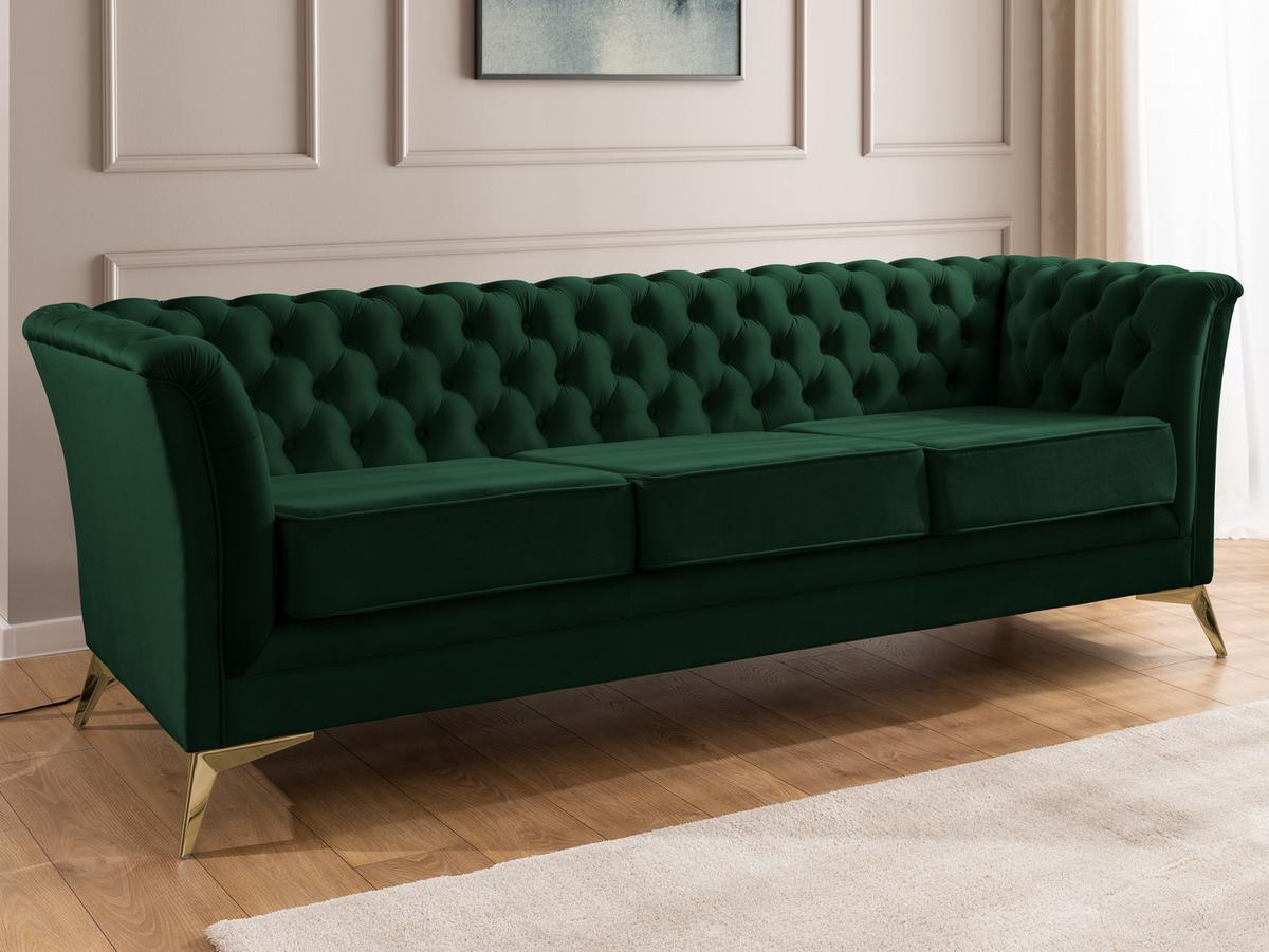 CHESTERFIELD-SOFA 3-sitzer Whitby Flaschengrün Samt mit goldenen Füßen - Dunkelgrün/Goldfarben, Holz/Textil (237/78/82cm) - S-Style Möbel