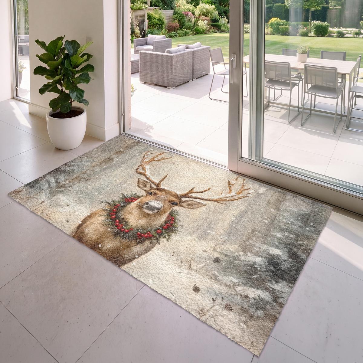 FUSSMATTE Weihnachten - Rentier - Winter - Kranz Flurteppich 180x120 cm - Braun, Kunststoff (180/0.4cm) - MuchoWow