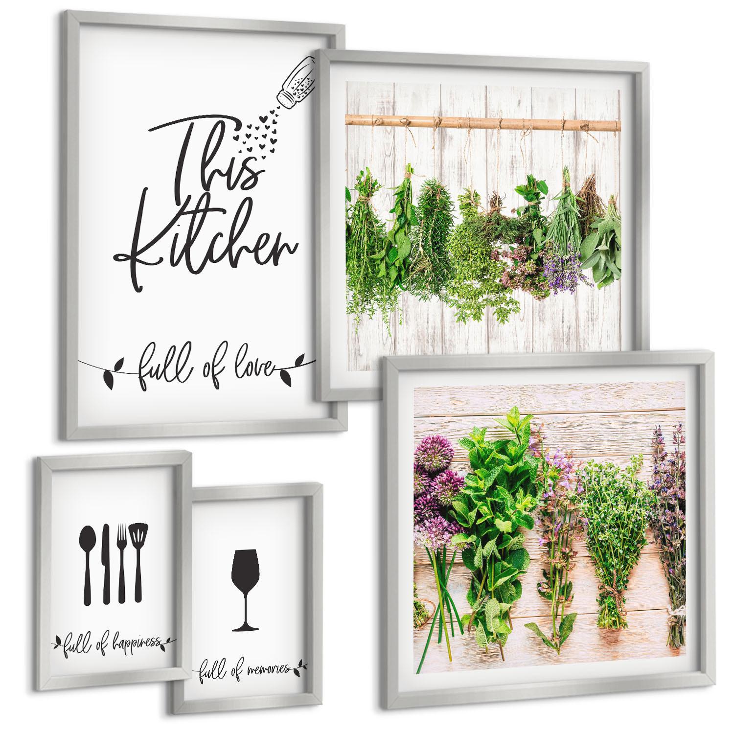 BILDER SET 5er Set - 50x50 cm & 20x30 cm & 40x60 cm Silberner Rahmen - Tisch aus Zitronenbaum - Silberfarben, Kunststoff (40/60cm) - TULUP