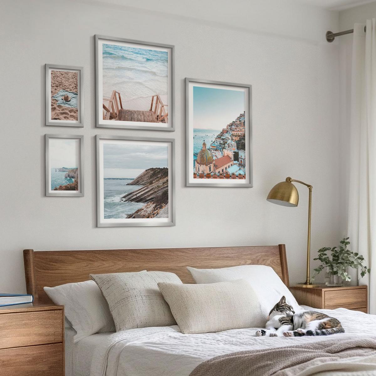 BILDER SET 5er Set - 50x50 cm & 20x30 cm & 40x60 cm Silberner Rahmen - Berglandschaften und Wasserfälle - Silberfarben, Kunststoff (40/60cm) - TULUP