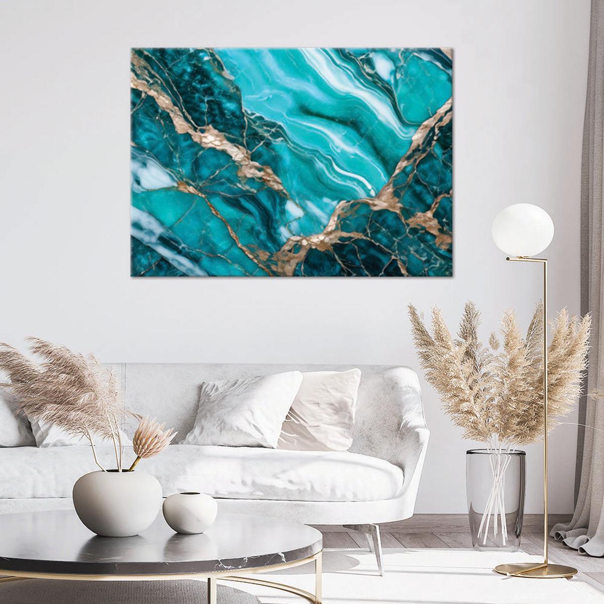 LEINWANDBILD Türkisfarbener Marmor mit Gold 90x60cm - Türkis, Textil (90/60cm) - Feeby