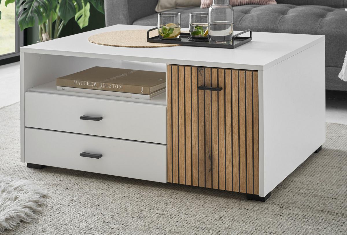 COUCHTISCH weiß matt, Eiche 90 cm, Wohnzimmertisch mit Stauraum und Soft-Close - Eichefarben/Schwarz, Holzwerkstoff/Kunststoff (90/70/43cm) - Furn.Design