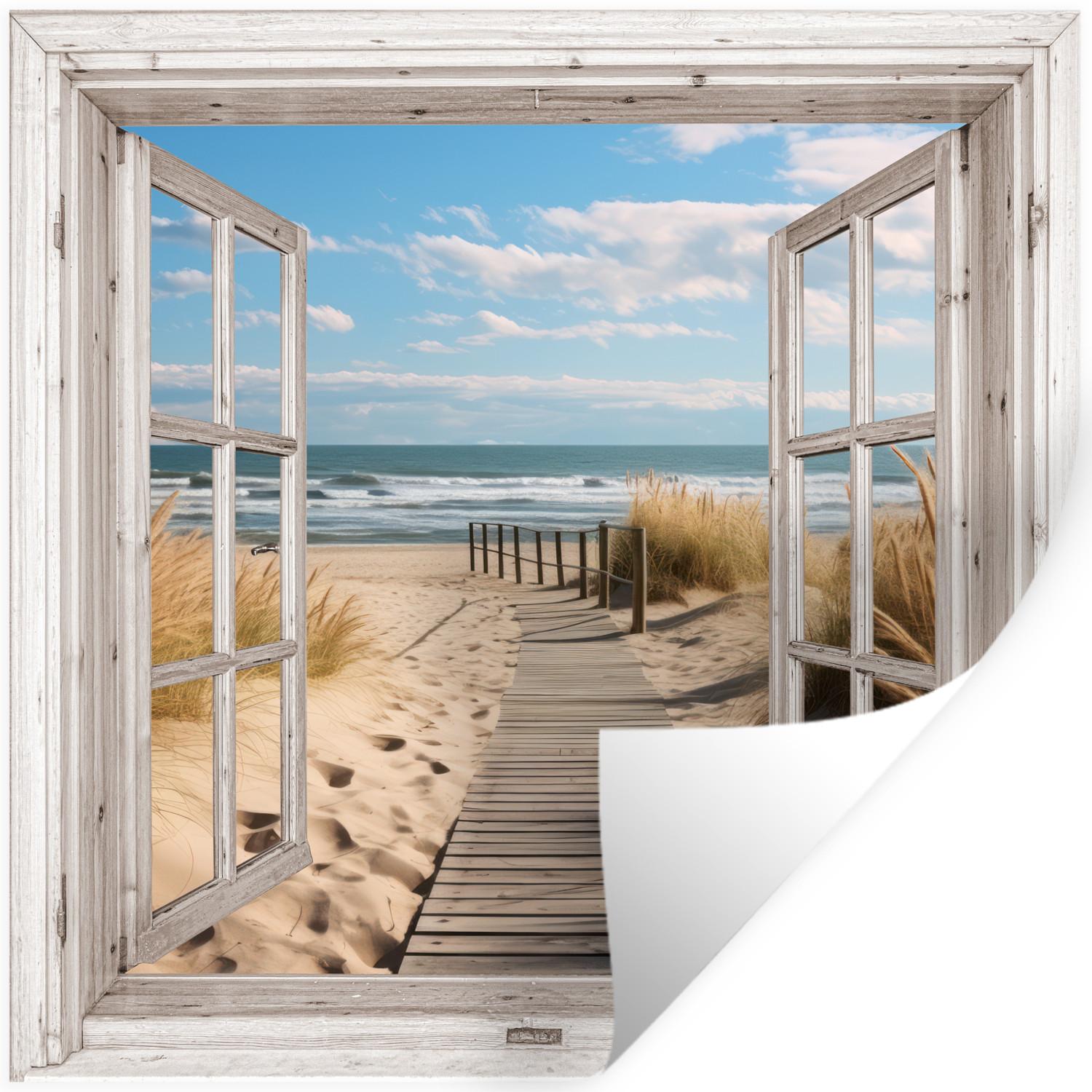 WANDTATTOO Fenster - Meer - Küste - Natur - Ausblick - Strand - Wattenmeer Wanddeko 50x50 cm - Beige, Kunststoff (50/50/0.1cm) - MuchoWow
