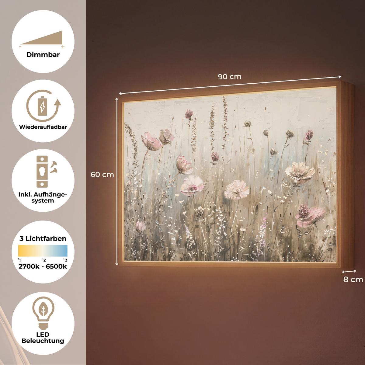 WANDLEUCHTE MIT AKKU Blumen - Rosa - Modern - Beige 90x60 cm - Altrosa, Holzwerkstoff (90/60/8cm) - OnlyWow