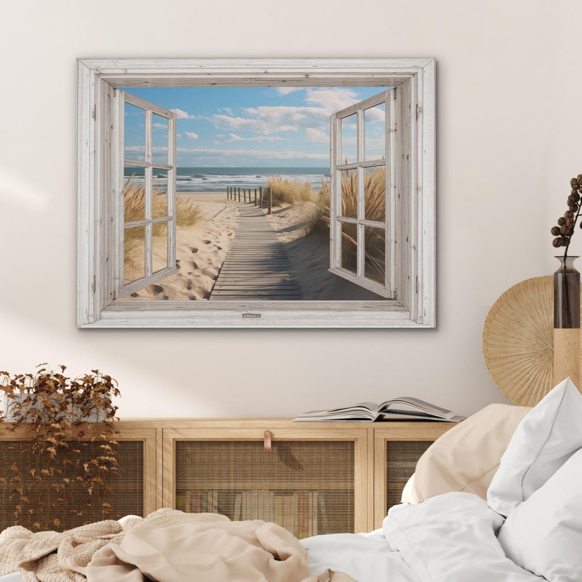 AKUSTIKBILD Fenster - Meer - Küste - Natur - Ausblick - Strand - Wattenmeer Gemälde 80x60 cm - Beige, Kunststoff (80/60/0.9cm) - MuchoWow