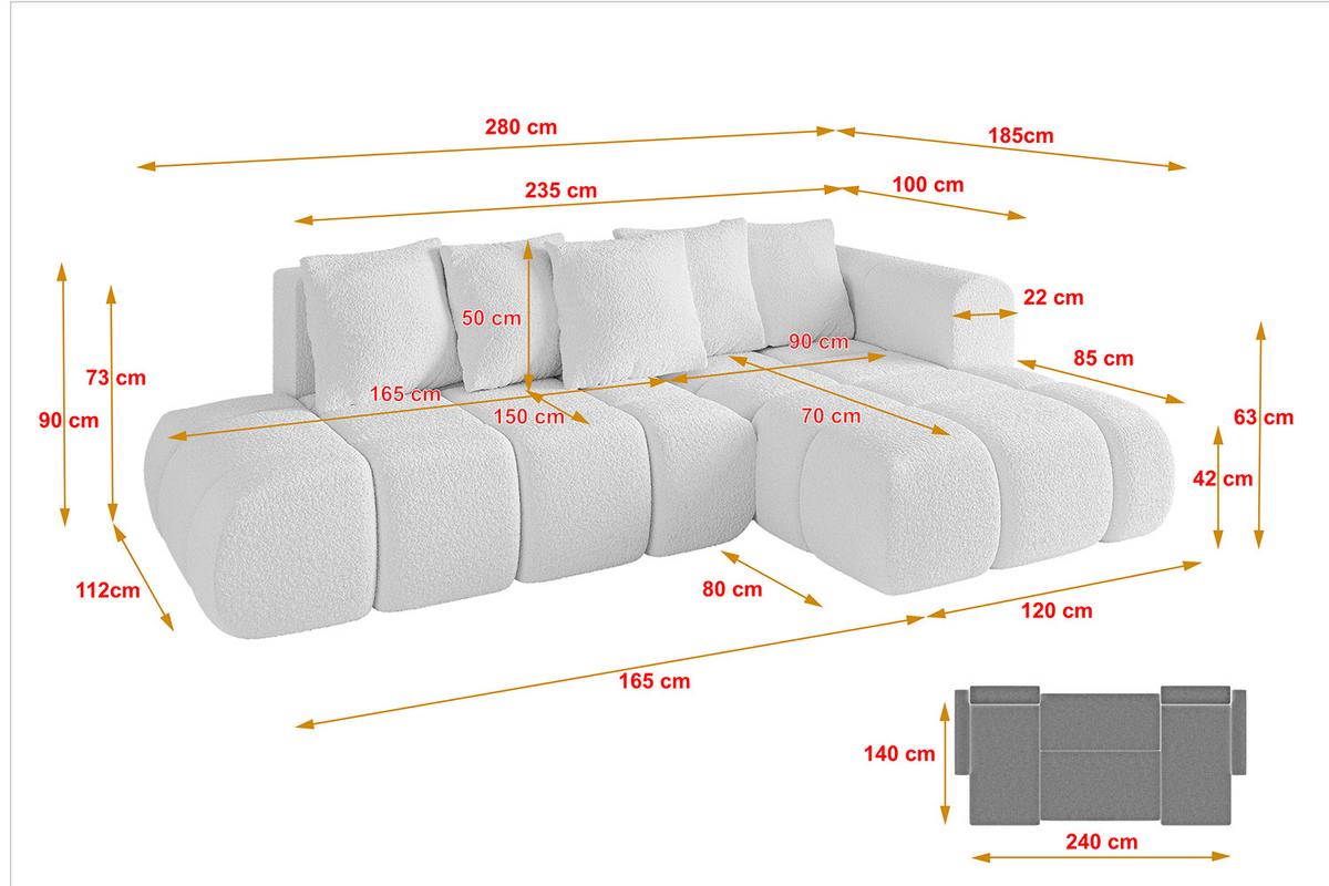 ECKSOFA Ottomane Rechts CLOUD-L-v1 280x185x90 Weiß Bouclé - Weiß, Holzwerkstoff/Kunststoff (185/280cm) - ALTDECOR