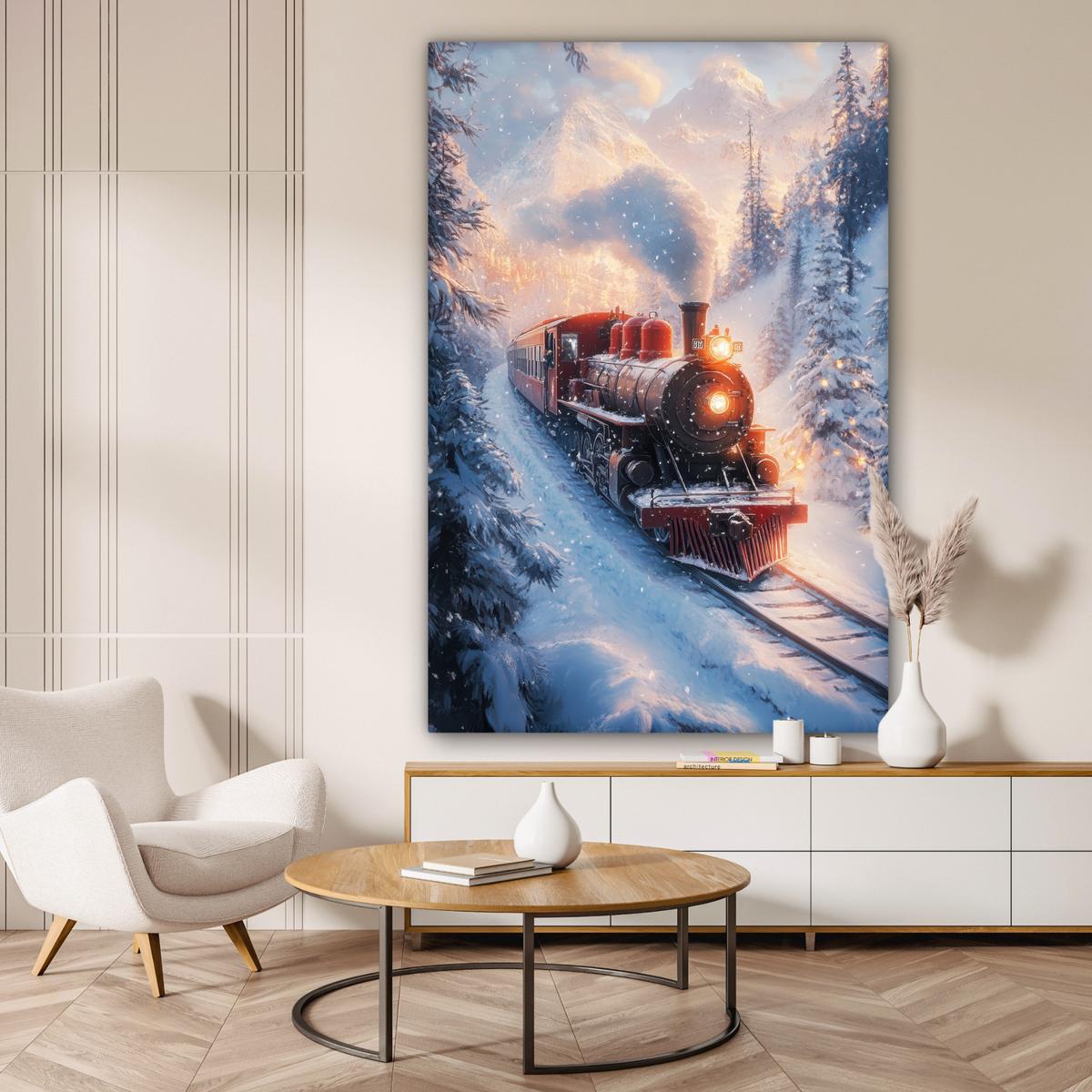 LEINWANDBILD Weihnachtszug - Schnee - Winter - Weihnachten Deko Groß 90x140 cm - Dunkelrot, Textil (90/140cm) - MuchoWow