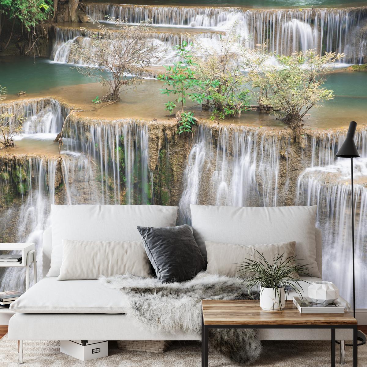 FOTOTAPETE für Wohnzimmer Wasserfall Panorama Pflanzen Natur 250x175 - Blau/Beige, Papier (250/175cm) - Muralo