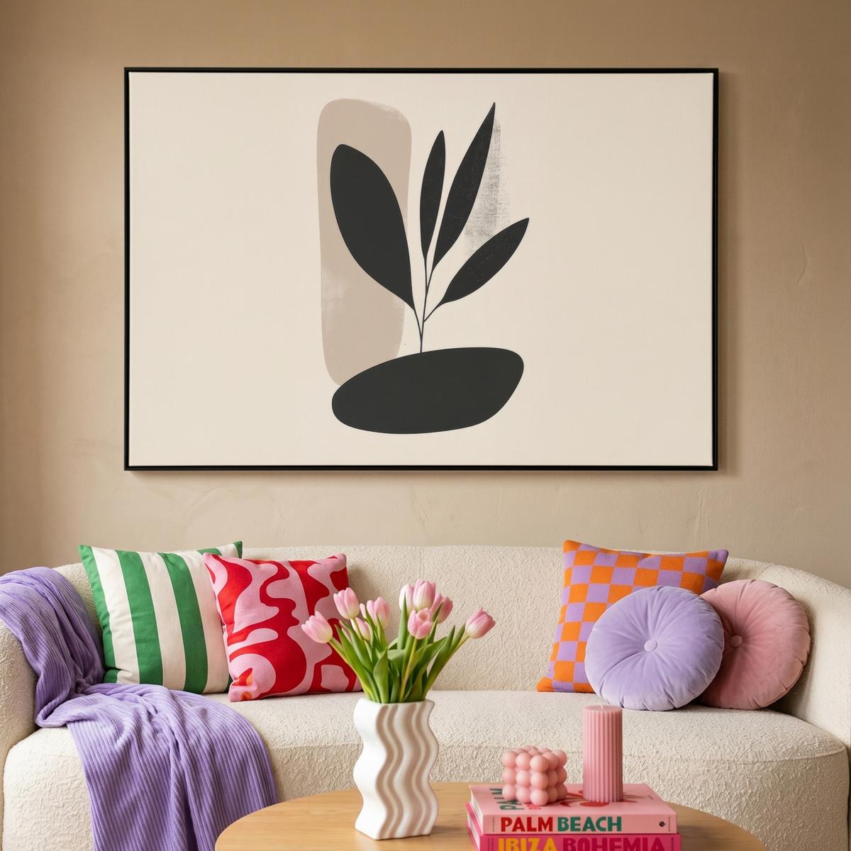 LEINWAND Bilder mit Rahmen - Pflanze - Beige - Japanisch - 140x90 - Schwarz, Textil (140/90cm) - MuchoWow