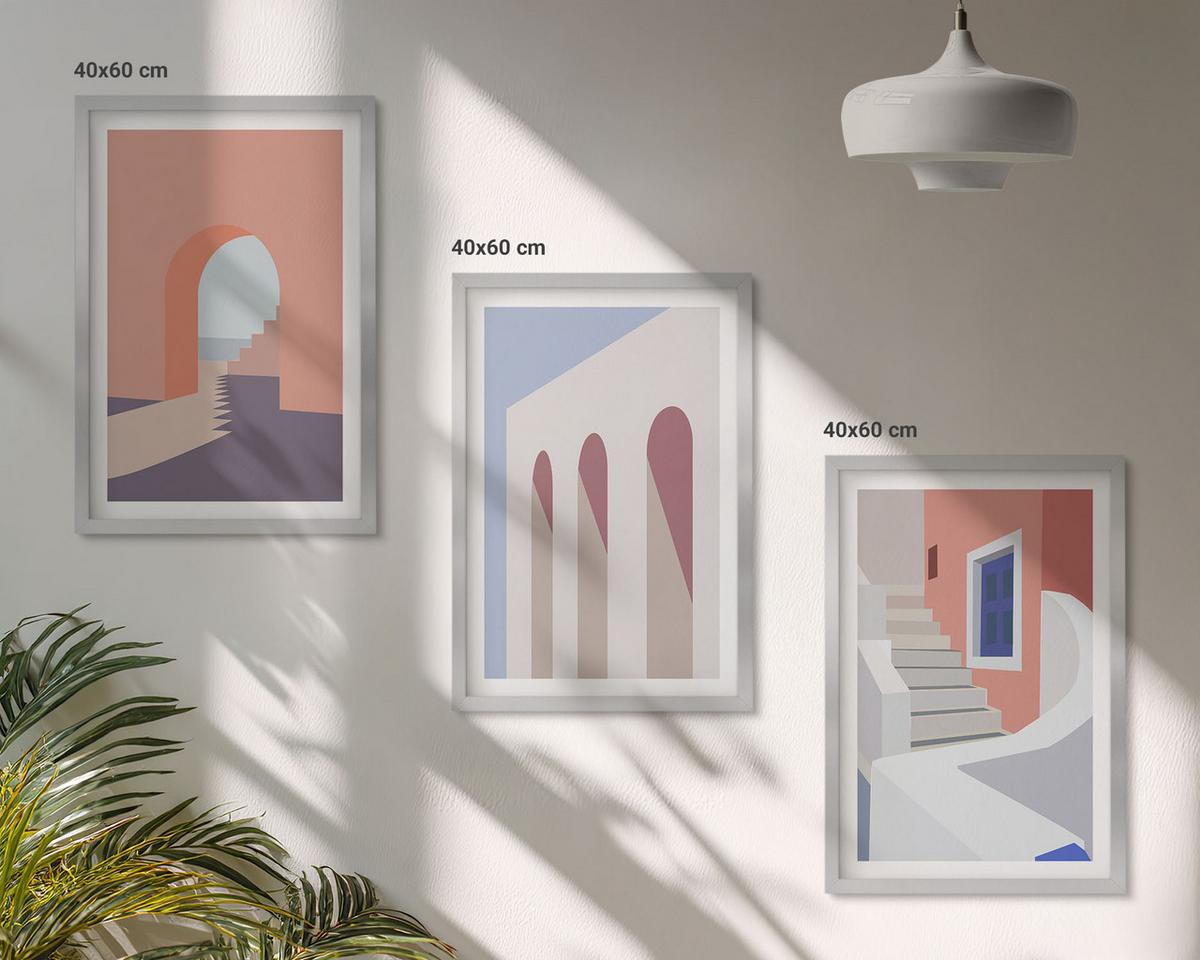 BILDER SET 3er Set - 40x60 cm Silberner Rahmen - Minimalistische Architekturillustrationen - Silberfarben, Kunststoff (40/60cm) - TULUP