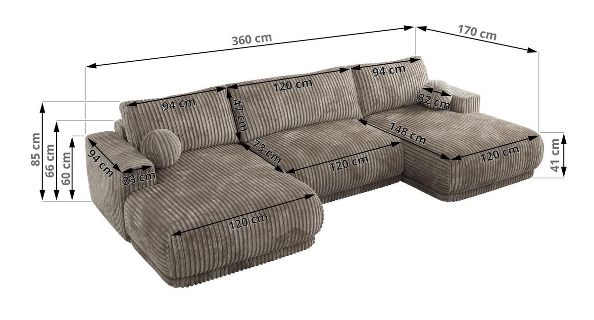 WOHNLANDSCHAFT RINA U Hellbraun Cord - Hellbraun/Schwarz, Kunststoff/Textil (360/85/170cm) - MKS