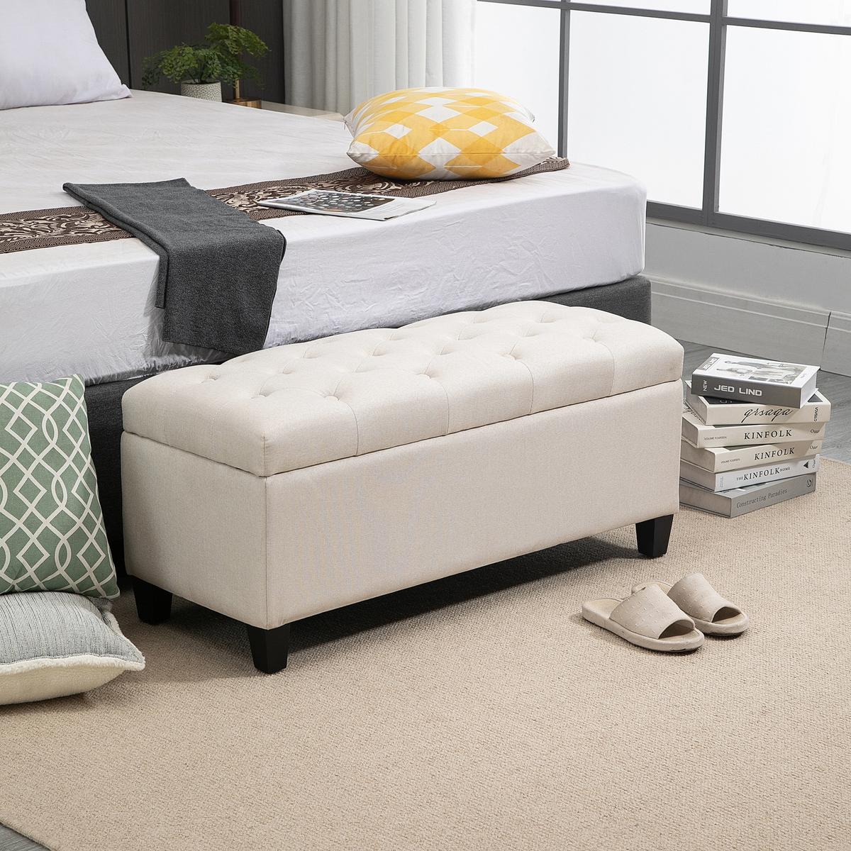 TRUHENBANK leinenartiges Polyester holz Cremeweiß - Creme, Kunststoff (40/44/100cm) - HOMCOM
