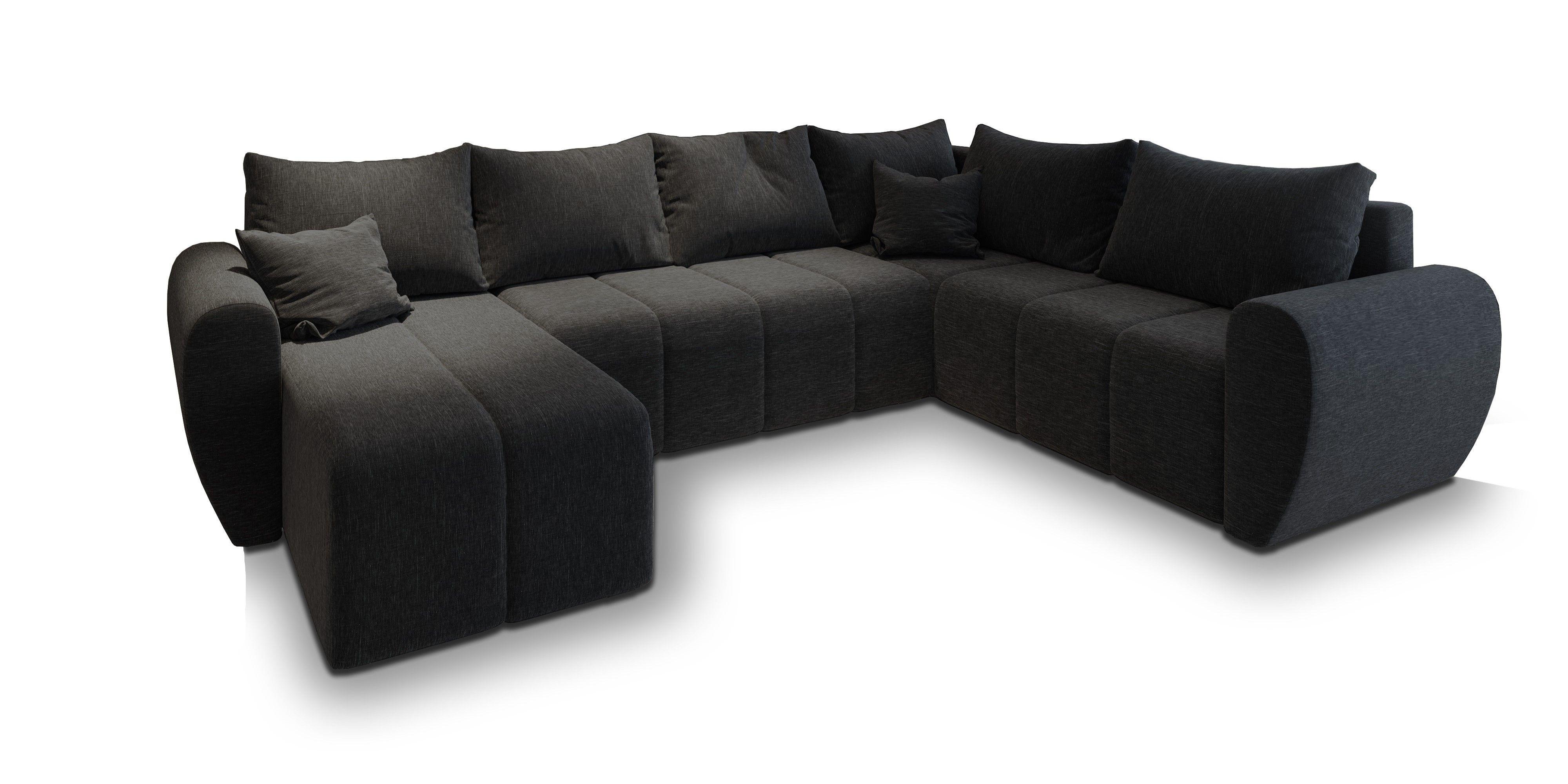 WOHNLANDSCHAFT MADISON XL R-S Schwarz Dünner Stoff mit Schlaffunktion - Schwarz, Holz/Kunststoff (303/82/208cm) - MASSENO