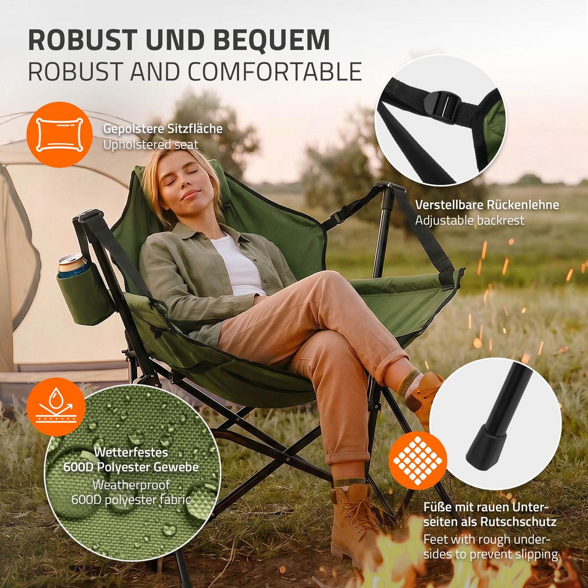 CAMPINGSTUHL faltbar Khaki mit Stahlgestell 82x105x107 cm - Grün, Textil/Metall (105/107/82cm) - ECD-Germany