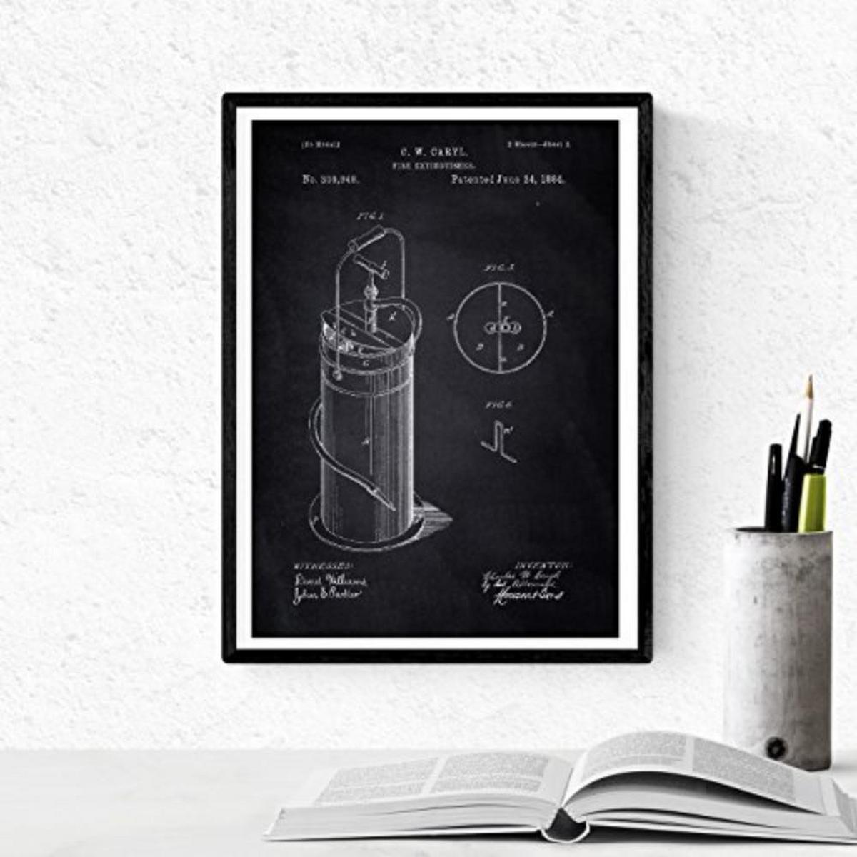 POSTER Set mit 4 Schwarz Feuerwehr Patent A4 Schwarzer Rahmen - Schwarz, Papier (29.7/3cm) - Nacnic
