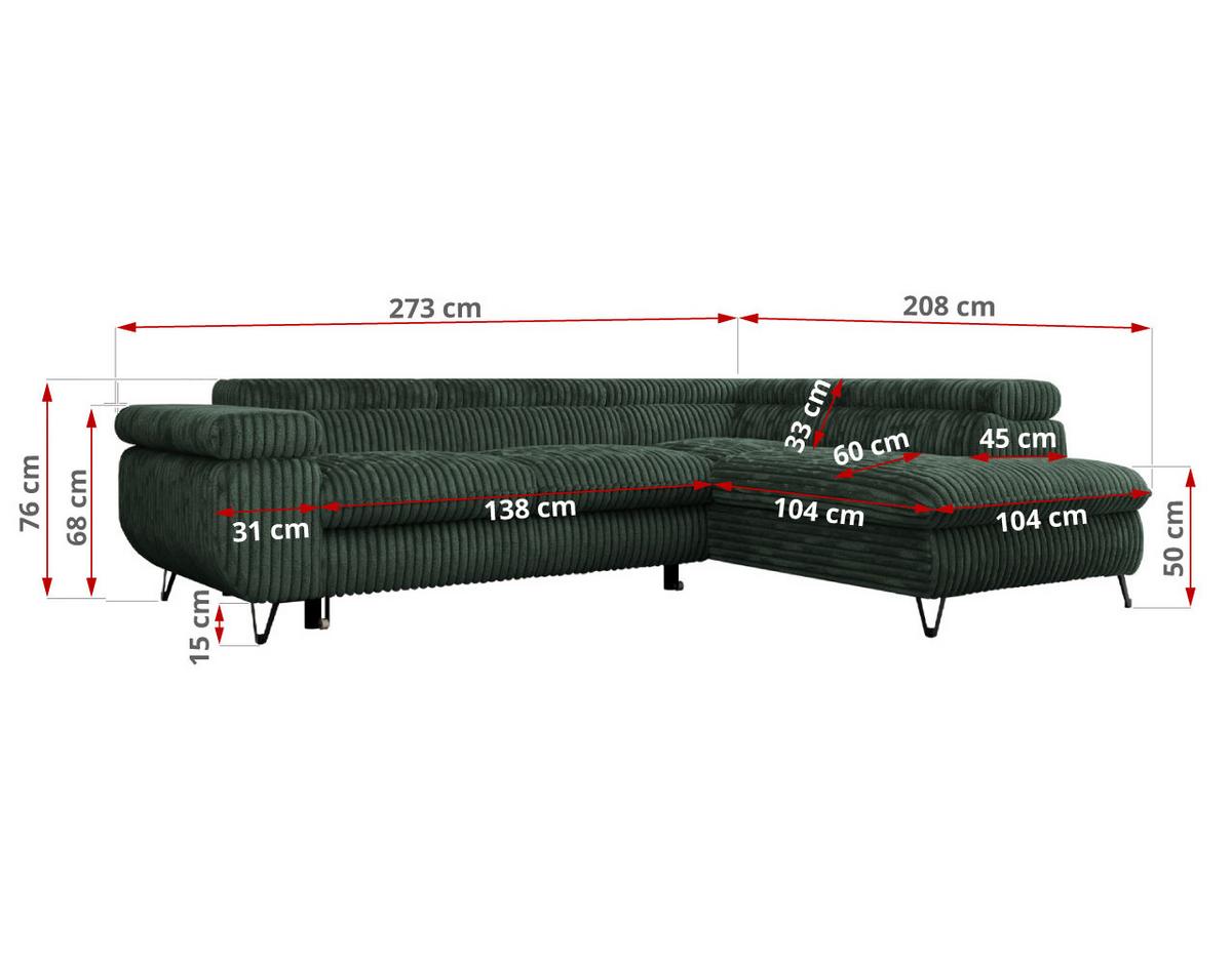 ECKSOFA PEDRO L Grün Cord - Links Seite - Schwarz/Grün, Textil/Metall (208/273cm) - MKS