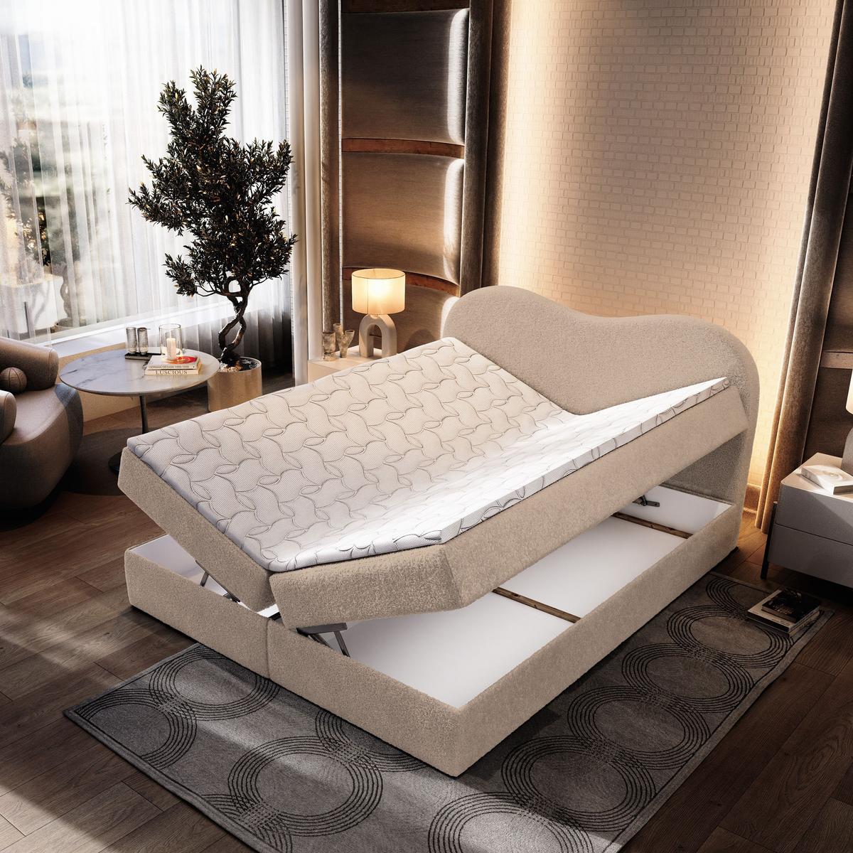 BOXBETT FLUVIA N 140x200 cm mit Matratze und Topper - Beige - Beige, Holz (140/200cm) - MASSENO