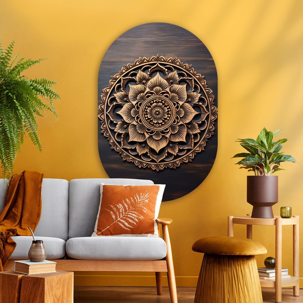 WANDBILD Mandala - Holz - Blumen - Braun Deko Groß 80x120 cm - Gelb, Kunststoff (80/120cm) - MuchoWow