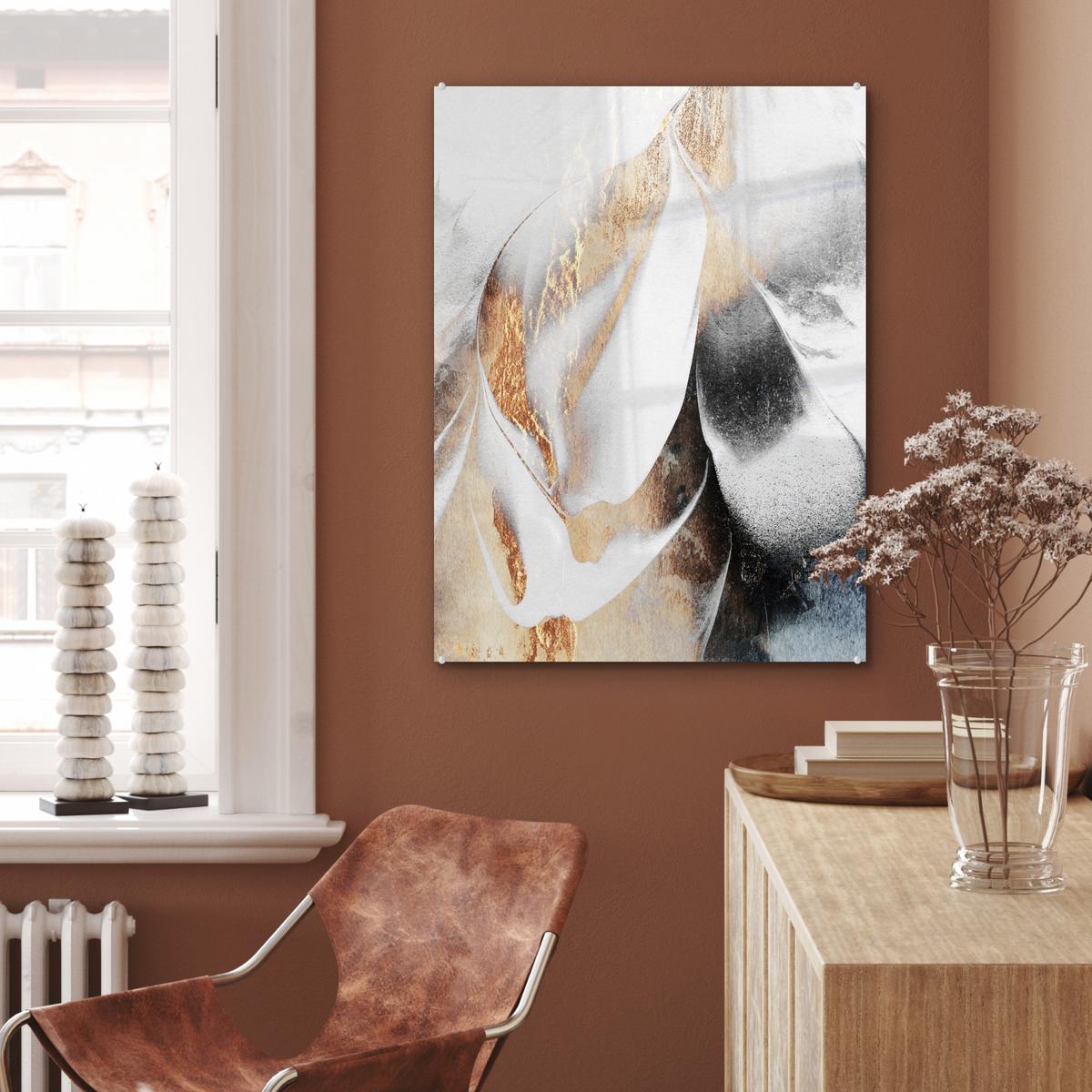 ACRYLGLASBILD Luxus - Abstrakt - Gold - Weiß 60x80 cm - Goldfarben, Glas (60/80cm) - MuchoWow