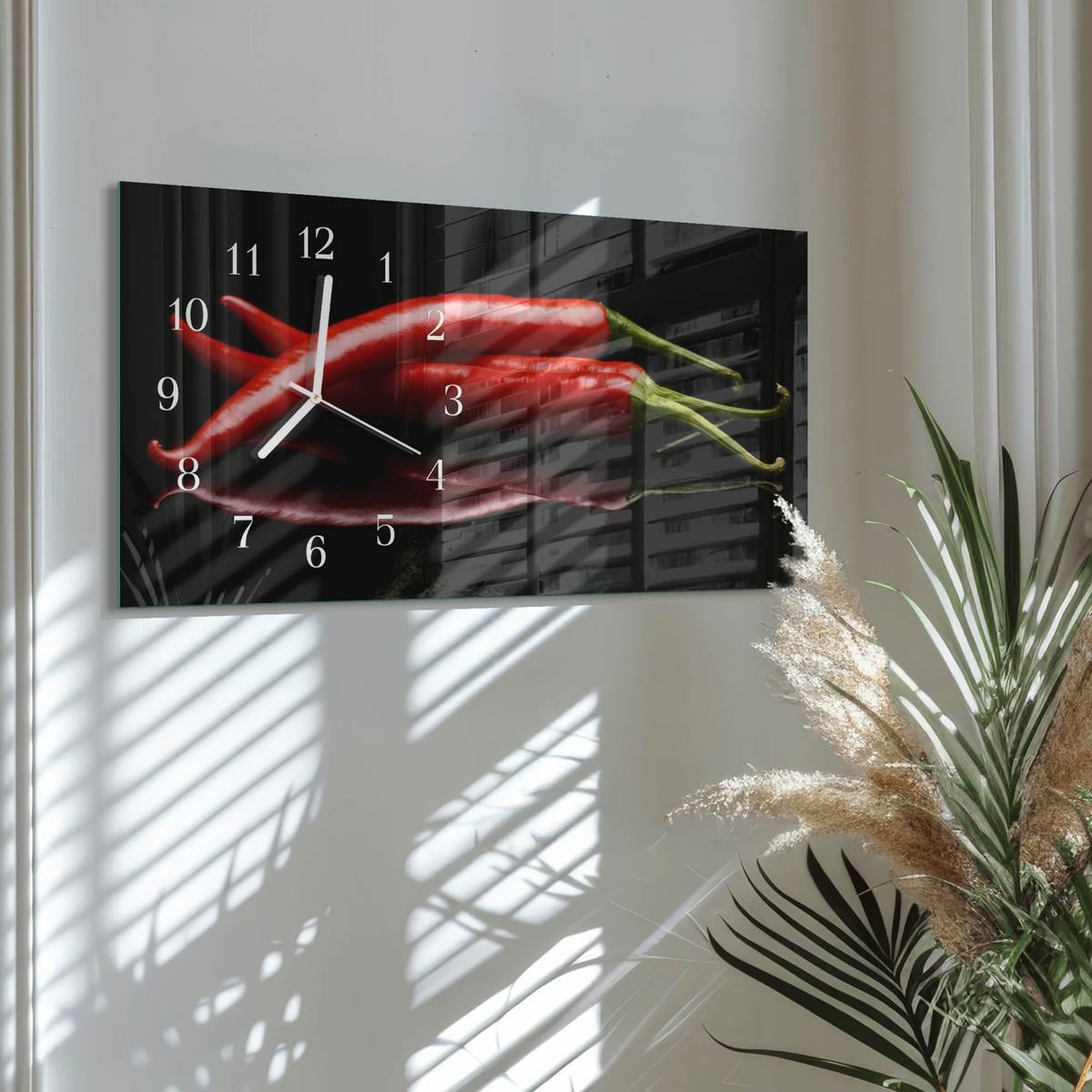 WANDUHR aus Glas 60x30 cm - Chilischoten - Schwarz, Glas (60/30/0.4cm) - TULUP